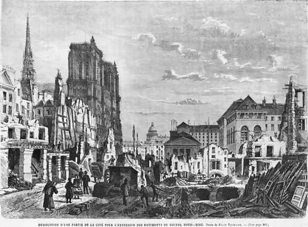 Paris, demolition of a part of the Cite to extend the buildings of the new Hotel-Dieu, engraved by Charles Barbant d.1922 Oil Painting by Felix Thorigny