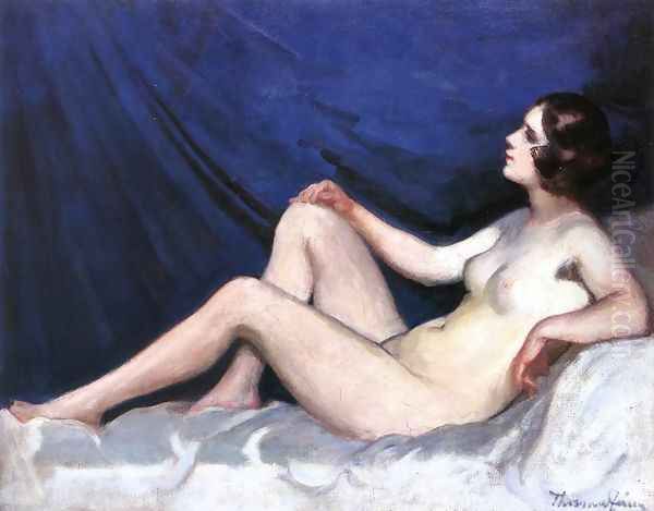 Nude in Blue Background 1930s Oil Painting by Janos Thorma