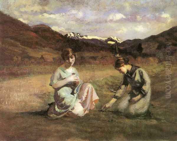 Picking Violet 1920 Oil Painting by Janos Thorma