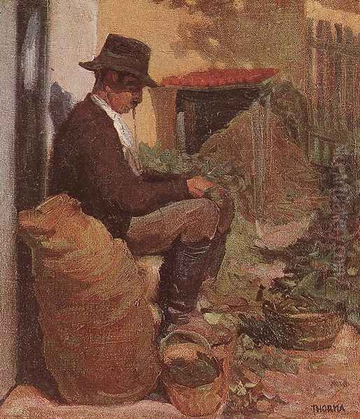 Peasant Shelling Peas c. 1910 Oil Painting by Janos Thorma