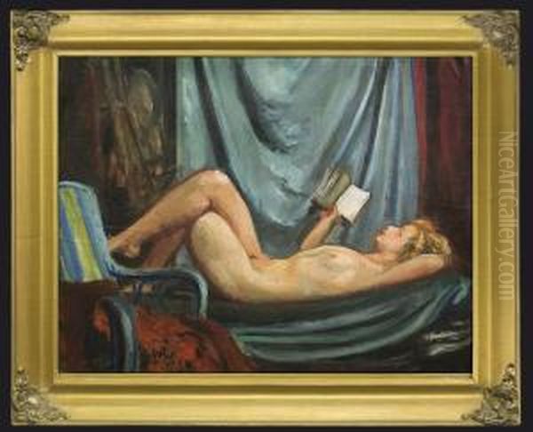 A Nude With A Book Oil Painting by Wojciech Weiss