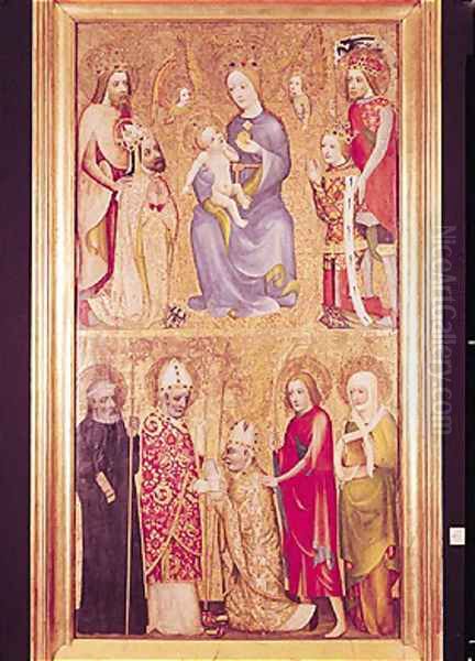 Votive panel of Archbishop Jan Ocko of Vlasim depicting Top The Virgin and Child surrounded by St. Sigismund, Emperor Charles IV 1316-78 Wenceslas IV 1361-1419 and St. Wenceslas 907-29. Bottom Jan Ocko of Vlasim, Archbishop of Prague kneeling Oil Painting by of Prague Theodoricus