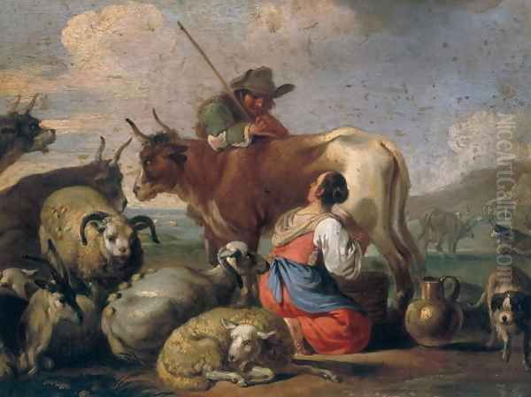 Milking Shepherds Oil Painting by Carl Christian Frederik Jacob Thomsen