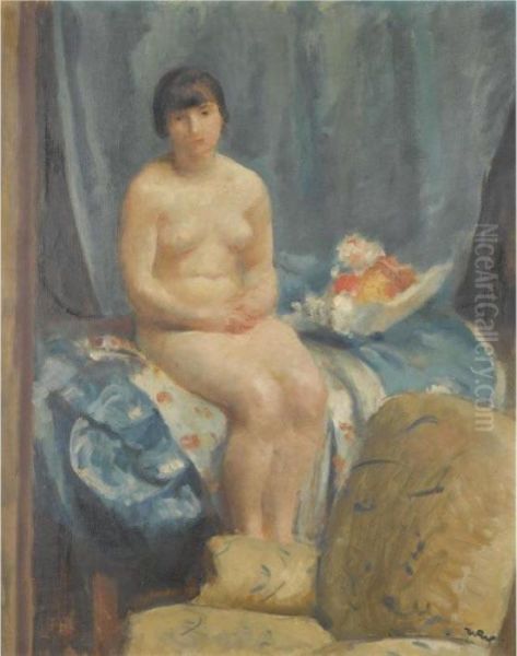 Nude On A Bed With Flowers Oil Painting by Wojciech Weiss