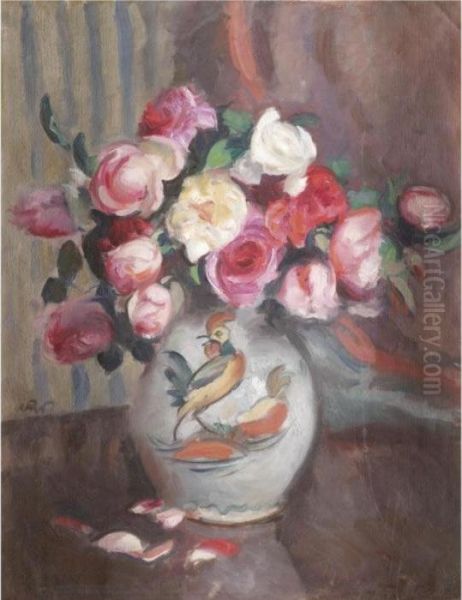 Still Life With Roses In A Painted Jug Oil Painting by Wojciech Weiss