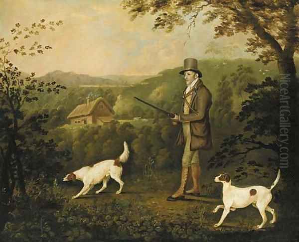 A gentleman out pheasant shooting with two pointers Oil Painting by Clifton Tomson