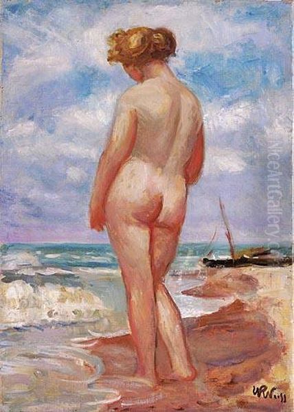 Akt Na Plazy Z Lodzia Rybacka W Tle Oil Painting by Wojciech Weiss