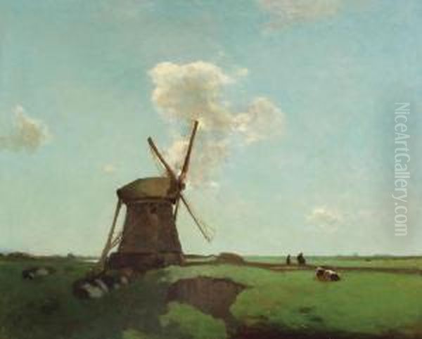 Workers Near A Wind Mill In A Dutch Polder Landscape Oil Painting by Jan Hendrik Weissenbruch