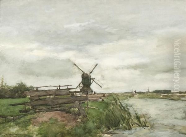 View Of A Mill In A Polderlandscape Oil Painting by Jan Hendrik Weissenbruch