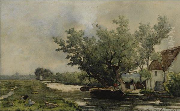 Peasants Near A Farmhouse In A Polder Landscape Oil Painting by Jan Hendrik Weissenbruch