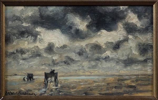 Horses And Carts On A Stormy Shoreline Oil Painting by Jan Hendrik Weissenbruch