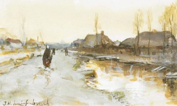 Figures In A Dutch Village Oil Painting by Jan Hendrik Weissenbruch