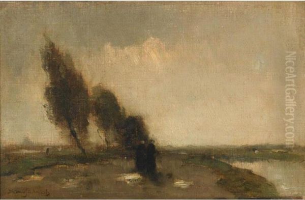 Two Women In A Polder Landscape Oil Painting by Jan Hendrik Weissenbruch