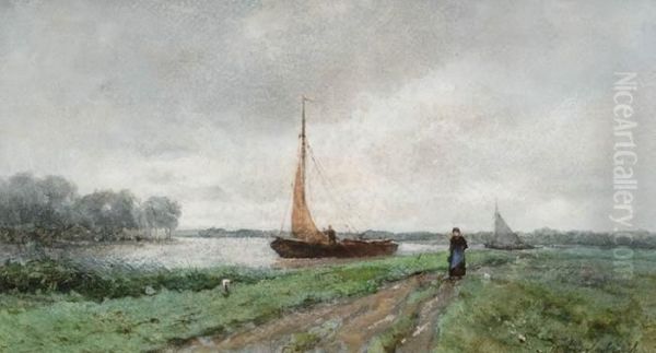 Along The Tow Path Oil Painting by Jan Hendrik Weissenbruch