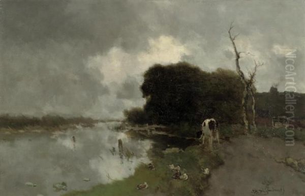 Koe Aan Het Water: Animals By A Stream, Noorden Oil Painting by Jan Hendrik Weissenbruch