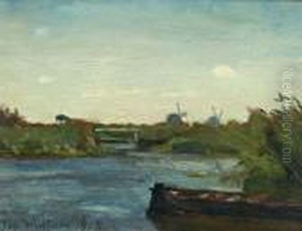 Polder Met Roeiboot In De Rietkraag En Molens Aan De Horizon Oil Painting by Jan Hendrik Weissenbruch