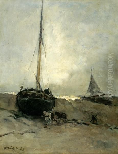 Beached Boats Under A Grey Sky Oil Painting by Jan Hendrik Weissenbruch