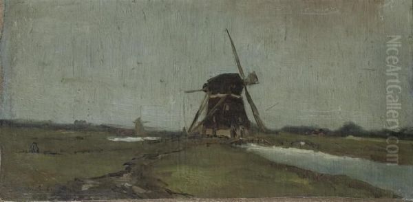 A Windmill Along A Stream Oil Painting by Jan Hendrik Weissenbruch