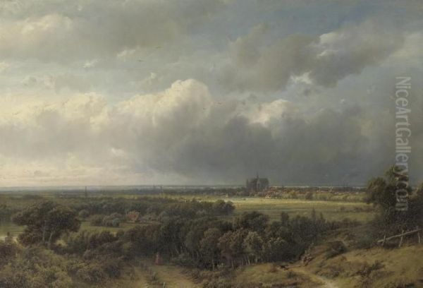 Gezicht Op Haarlem: A Panoramic View Of Haarlem With The St.bavokerk In The Distance Oil Painting by Jan Hendrik Weissenbruch