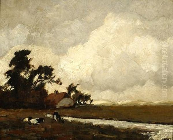 Landscape With Cows Near A Farm Oil Painting by Jan Hendrik Weissenbruch