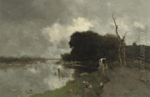 Koe Aan Het Water: Animals By A Stream, A Farmhouse Amongst Trees Beyond, Noorden Oil Painting by Jan Hendrik Weissenbruch