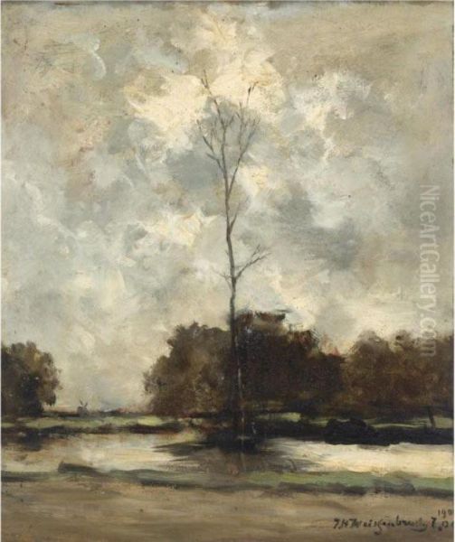 Trees Along A Dutch Canal Oil Painting by Jan Hendrik Weissenbruch