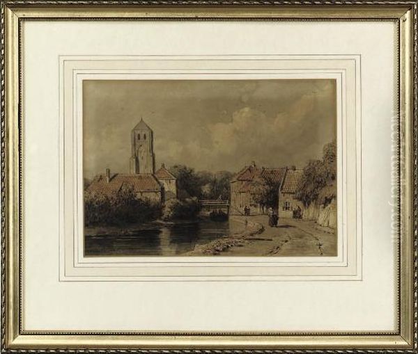 A Canal Through A Village, A Church Beyond Oil Painting by Jan Hendrik Weissenbruch