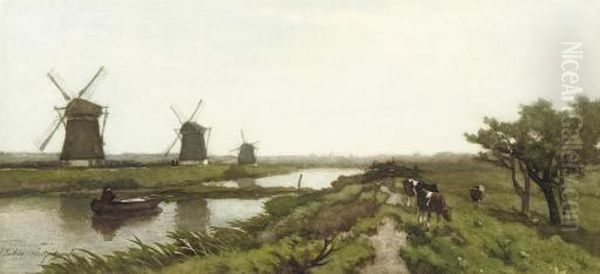 Windmills In A Polder Landscape Oil Painting by Jan Hendrik Weissenbruch