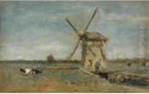 A Peasant Near A Windmill, Noorden Oil Painting by Jan Hendrik Weissenbruch