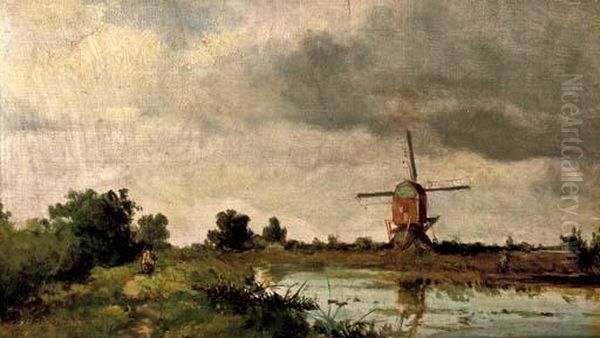 A Windmill In A Dutch Landscape Oil Painting by Jan Hendrik Weissenbruch