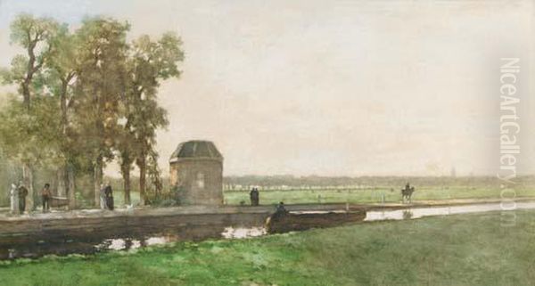 Het Theekoepeltje Van Cromvliet Te Rijswijk: A Pavilion Along A Canal Oil Painting by Jan Hendrik Weissenbruch