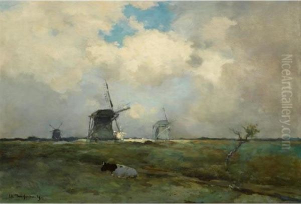 Windmills In A Polder Landscape Oil Painting by Jan Hendrik Weissenbruch