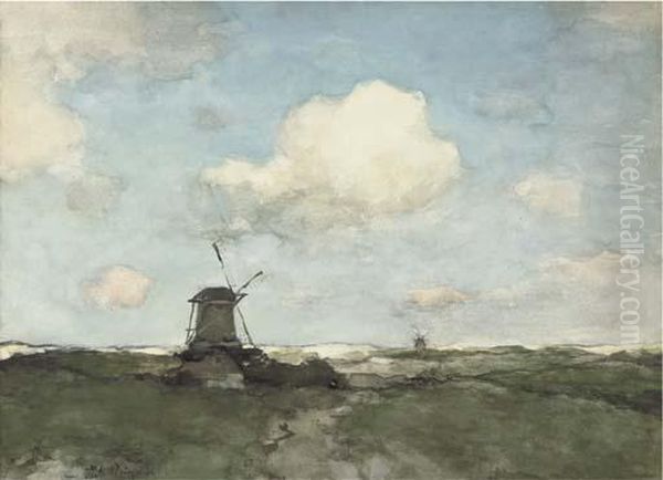 A Windmill In A Polder Landscape Oil Painting by Jan Hendrik Weissenbruch