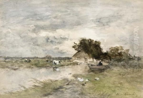 Farmhouse In A Polder Landscape Oil Painting by Jan Hendrik Weissenbruch