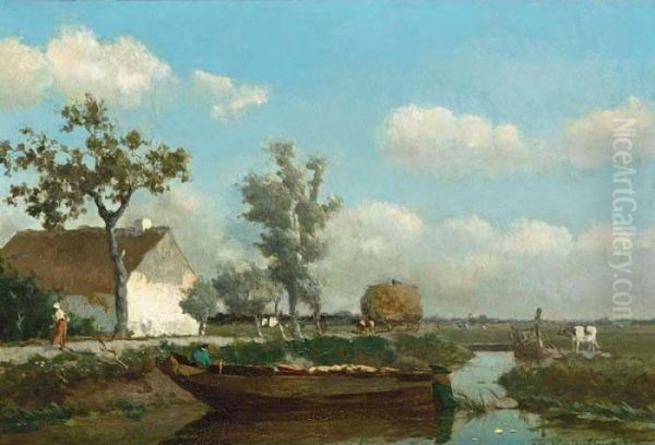 A Polder Landscape With A Figure On A Barge Oil Painting by Jan Hendrik Weissenbruch