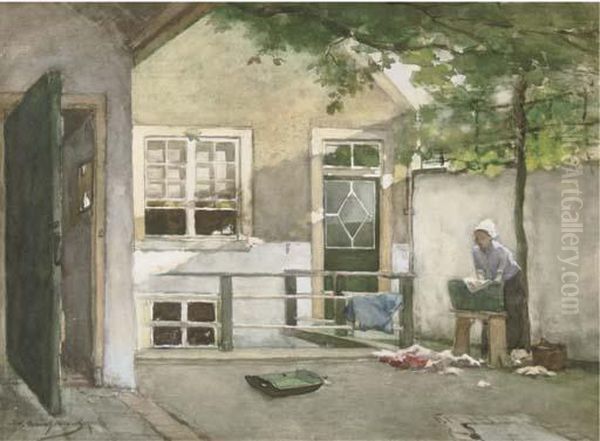 Washing Day: A View From The 
Artists Studio Onto The Courtyard Of His House At The Kazernestraat, The
 Hague Oil Painting by Jan Hendrik Weissenbruch