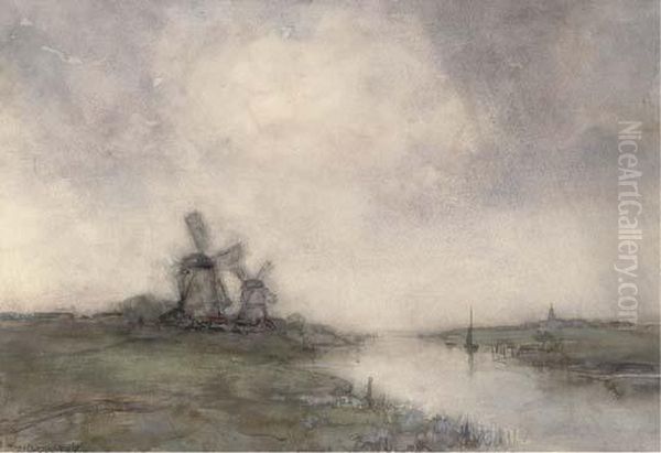 Polder Landscape With Windmills Oil Painting by Jan Hendrik Weissenbruch