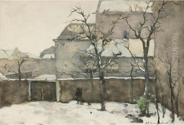 Garden In The Snow Oil Painting by Jan Hendrik Weissenbruch