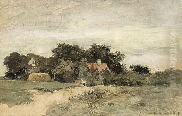 View Of A Landscape With Horses On A Path Oil Painting by Jan Hendrik Weissenbruch