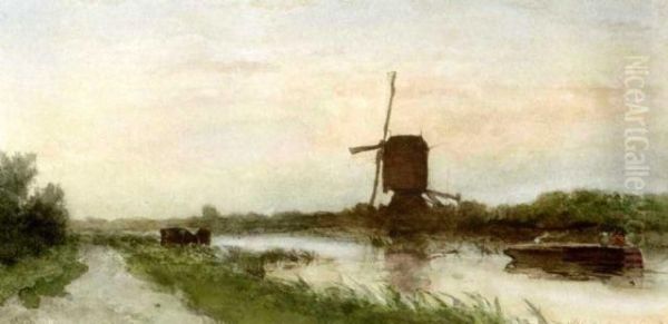 Windmill In A Polder Landscape Oil Painting by Jan Hendrik Weissenbruch