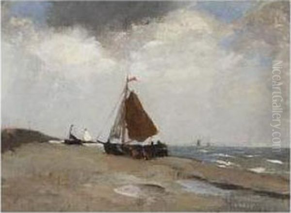 Bomschuiten On The Beach Oil Painting by Jan Hendrik Weissenbruch