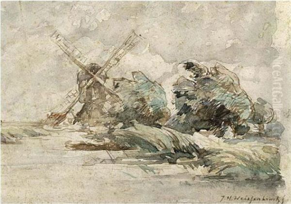 Windmill In A Windy Polder Landscape Oil Painting by Jan Hendrik Weissenbruch