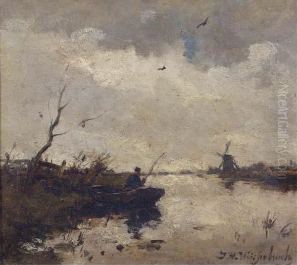 A Fisherman In A Polder Landscape Oil Painting by Jan Hendrik Weissenbruch