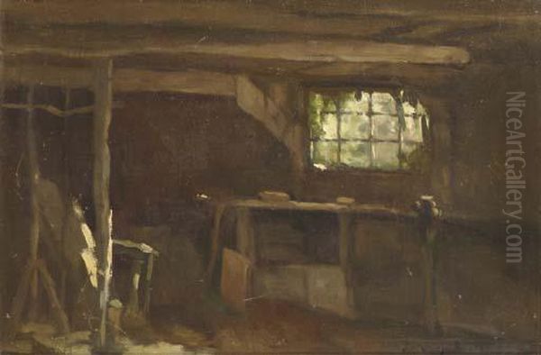 Barn Interior Oil Painting by Jan Hendrik Weissenbruch