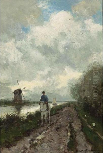 On The Tow Path Along The River Amstel Oil Painting by Jan Hendrik Weissenbruch