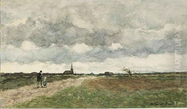 Figures On A Country Road, A Church In The Distance Oil Painting by Jan Hendrik Weissenbruch