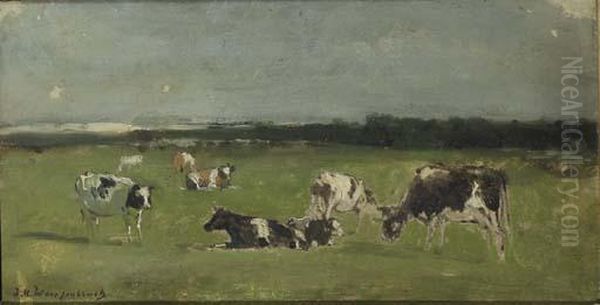 In De Weide: Cows In A Polder Landscape - A Study Oil Painting by Jan Hendrik Weissenbruch