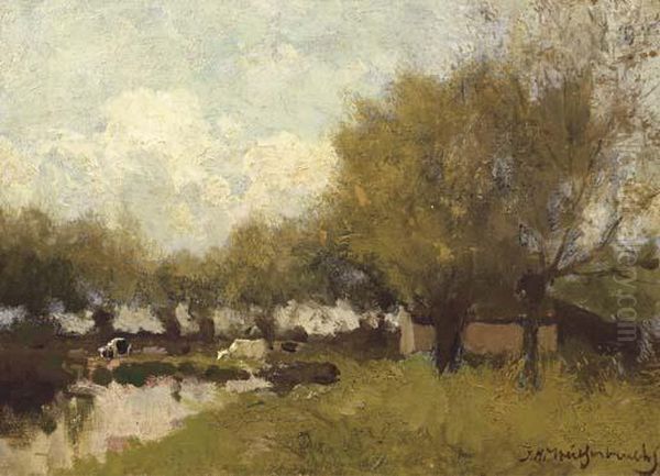 Cows Under Willows By A Pond Oil Painting by Jan Hendrik Weissenbruch