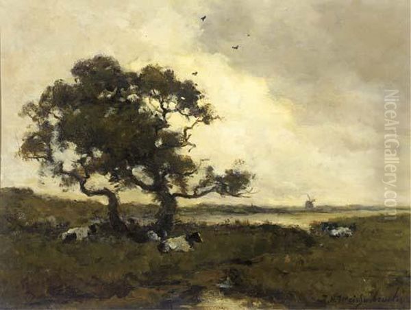 Cattle Resting Under A Tree In A Polder Landscape Oil Painting by Jan Hendrik Weissenbruch