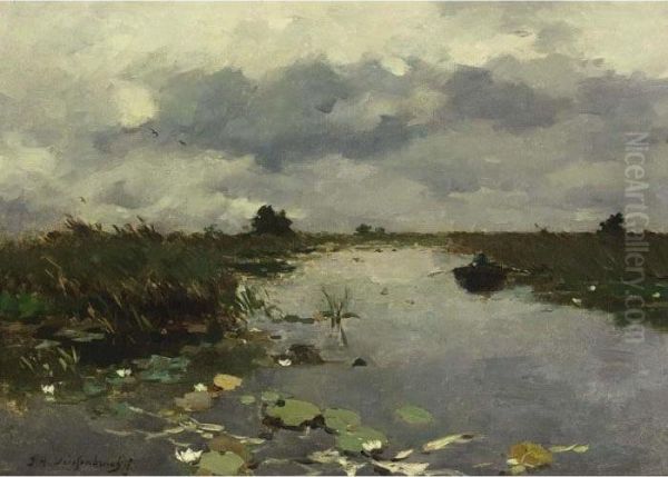 Polder Landscape Near Kortenhoef Oil Painting by Jan Hendrik Weissenbruch